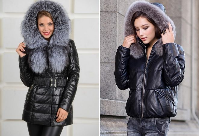 кожаный пуховик с мехом на капюшоне кожаный пуховик с мехом на капюшоне