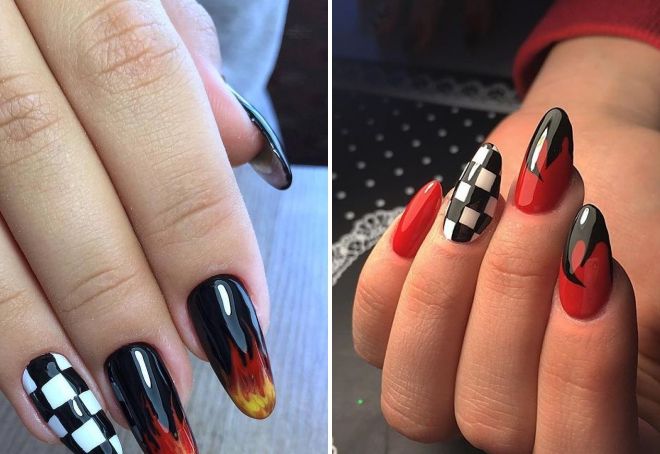 шахматный маникюр с огнем шахматный маникюр с огнем