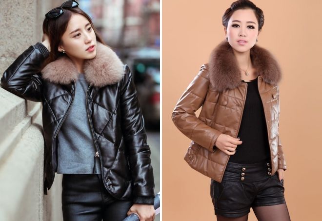 короткий кожаный пуховик с мехом короткий кожаный пуховик с мехом