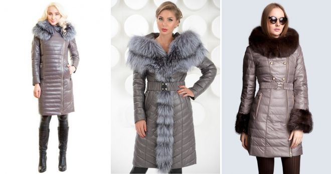 Женский серый кожаный пуховик длинный Женский серый кожаный пуховик длинный