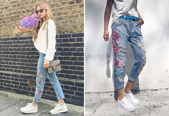 джинсы бойфренды с цветами джинсы бойфренды с цветами