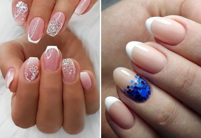 белый френч с блестками на ногтях белый френч с блестками на ногтях