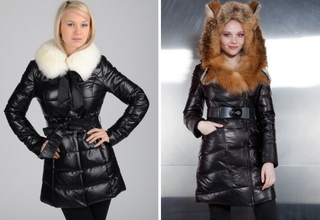 черный кожаный пуховик с мехом черный кожаный пуховик с мехом
