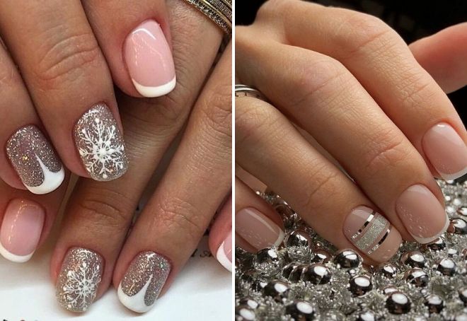 белый френч с серебром на ногтях белый френч с серебром на ногтях