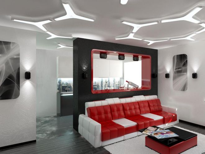 Потолок хай-тек в гостиной Потолок хай-тек в гостиной