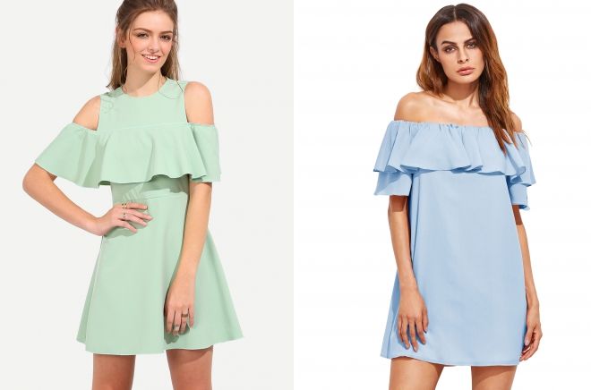 платье с открытыми плечами и воланами платье с открытыми плечами и воланами