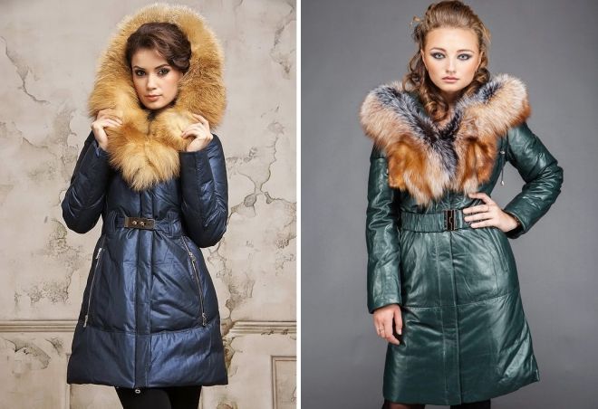 кожаный пуховик с мехом лисы кожаный пуховик с мехом лисы